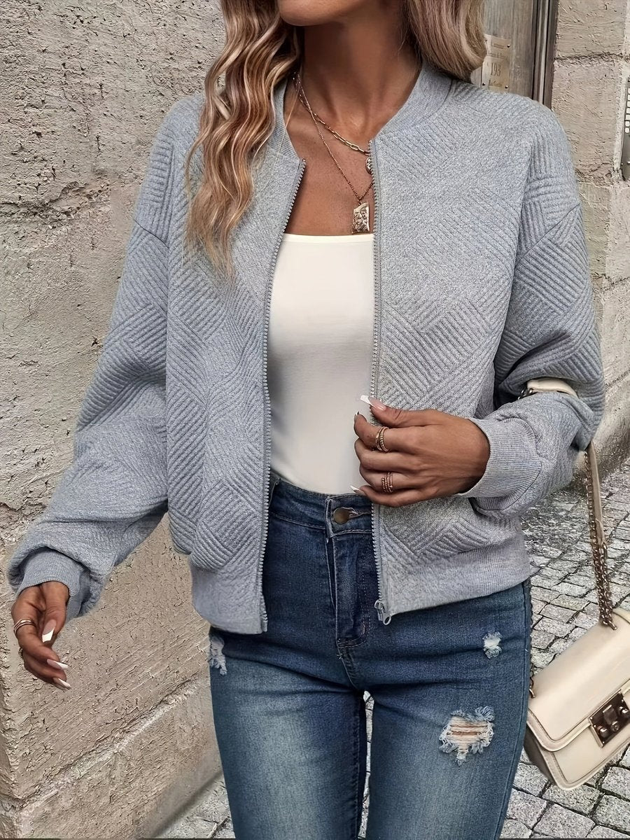 Damen Steppjacke leichte Zip-Up Bomberjacke strukturierter Stoff - Grau