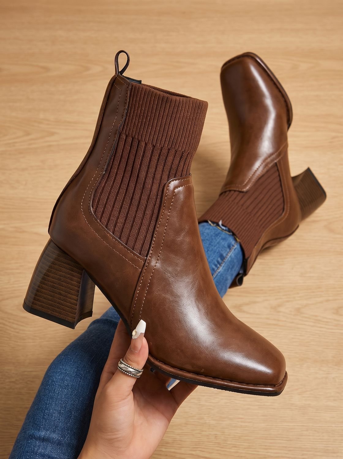 Stiefeletten Damen | Blockabsatz mit Strickschaft