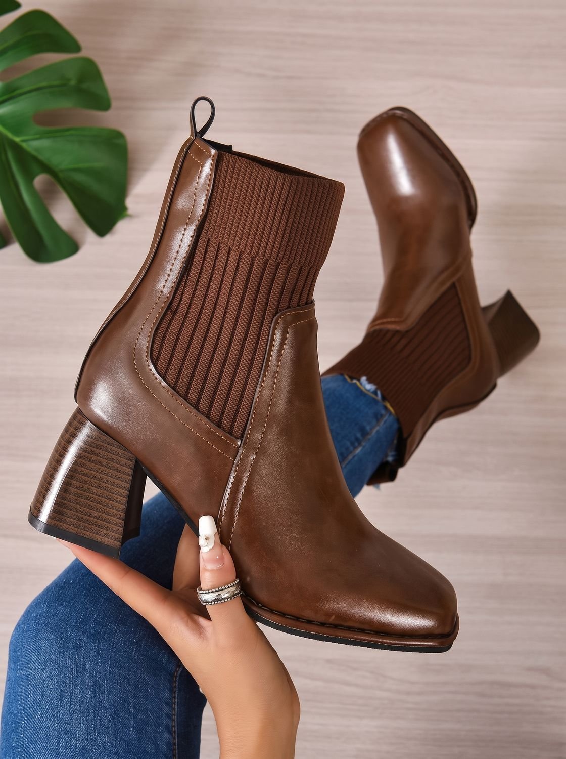 Stiefeletten Damen | Blockabsatz mit Strickschaft