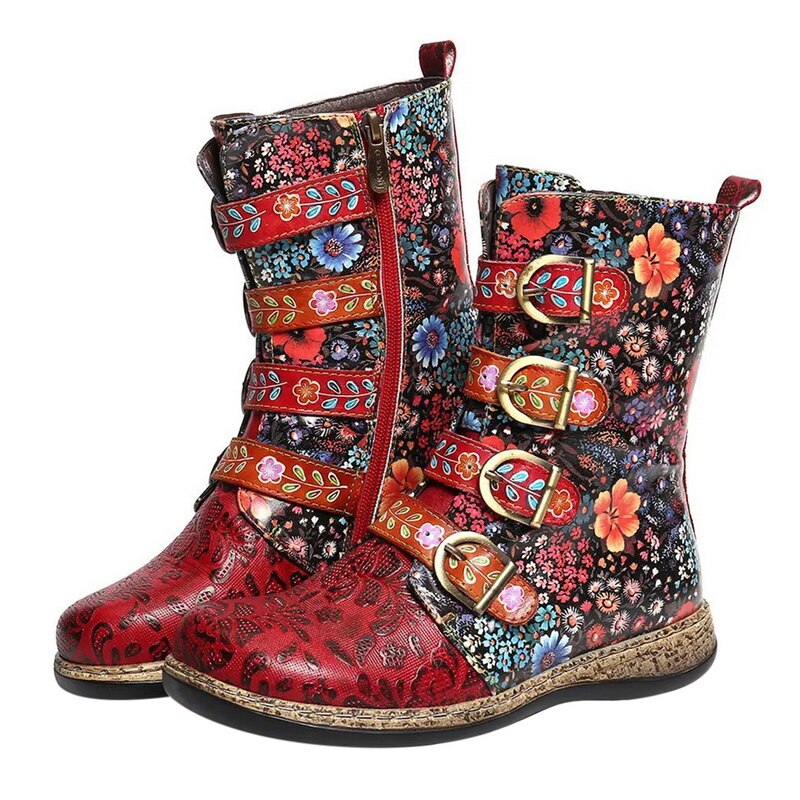 Stiefeletten Damen | Floral & Schnallen-Design