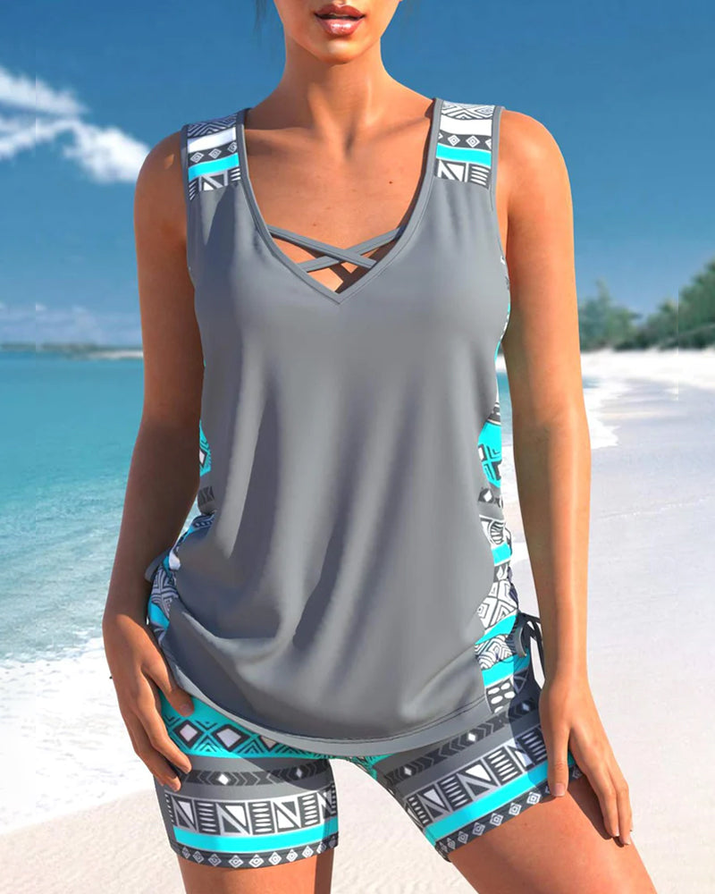 Strand Zweiteiler für Damen – Ärmelloses Tankini Set mit Ethno-Muster & Komfort Shorts 0