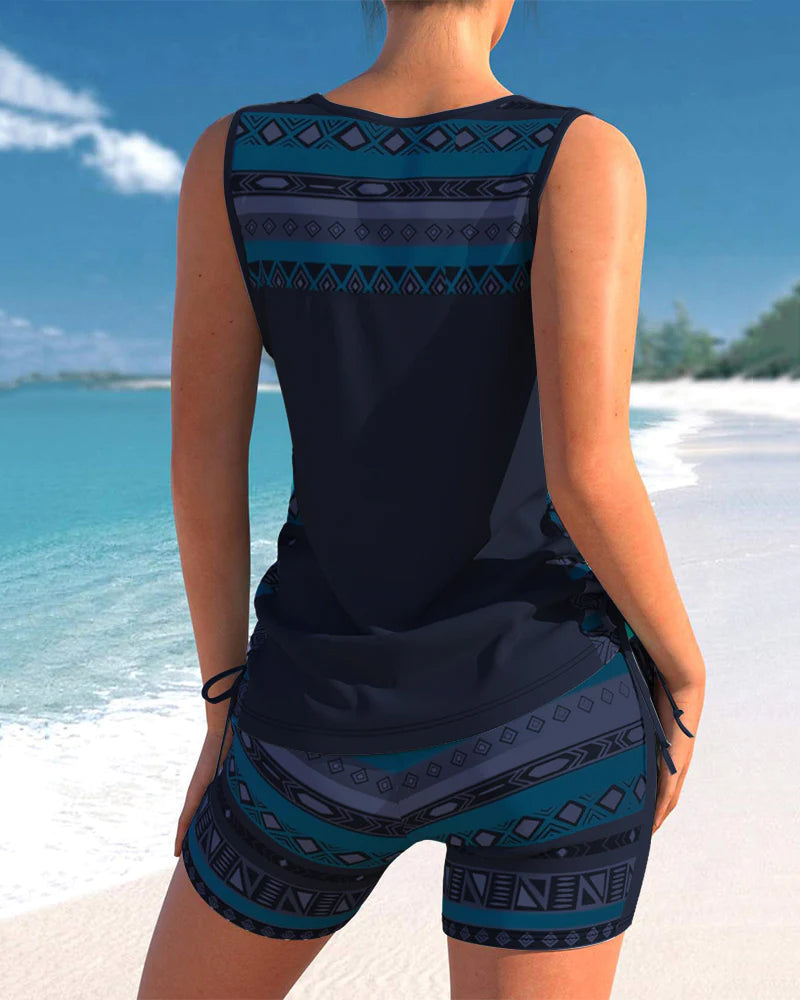 Strand Zweiteiler für Damen – Ärmelloses Tankini Set mit Ethno-Muster & Komfort Shorts 5