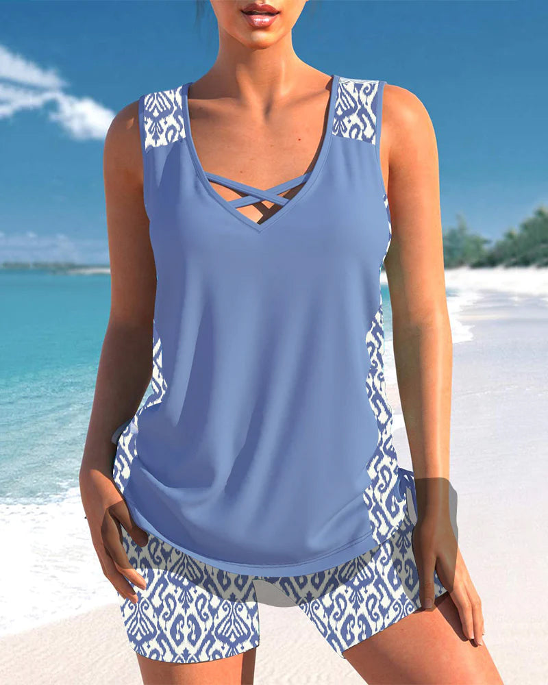 Strand Zweiteiler für Damen – Ärmelloses Tankini Set mit Ethno-Muster & Komfort Shorts 6