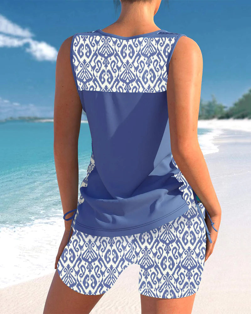 Strand Zweiteiler für Damen – Ärmelloses Tankini Set mit Ethno-Muster & Komfort Shorts 7