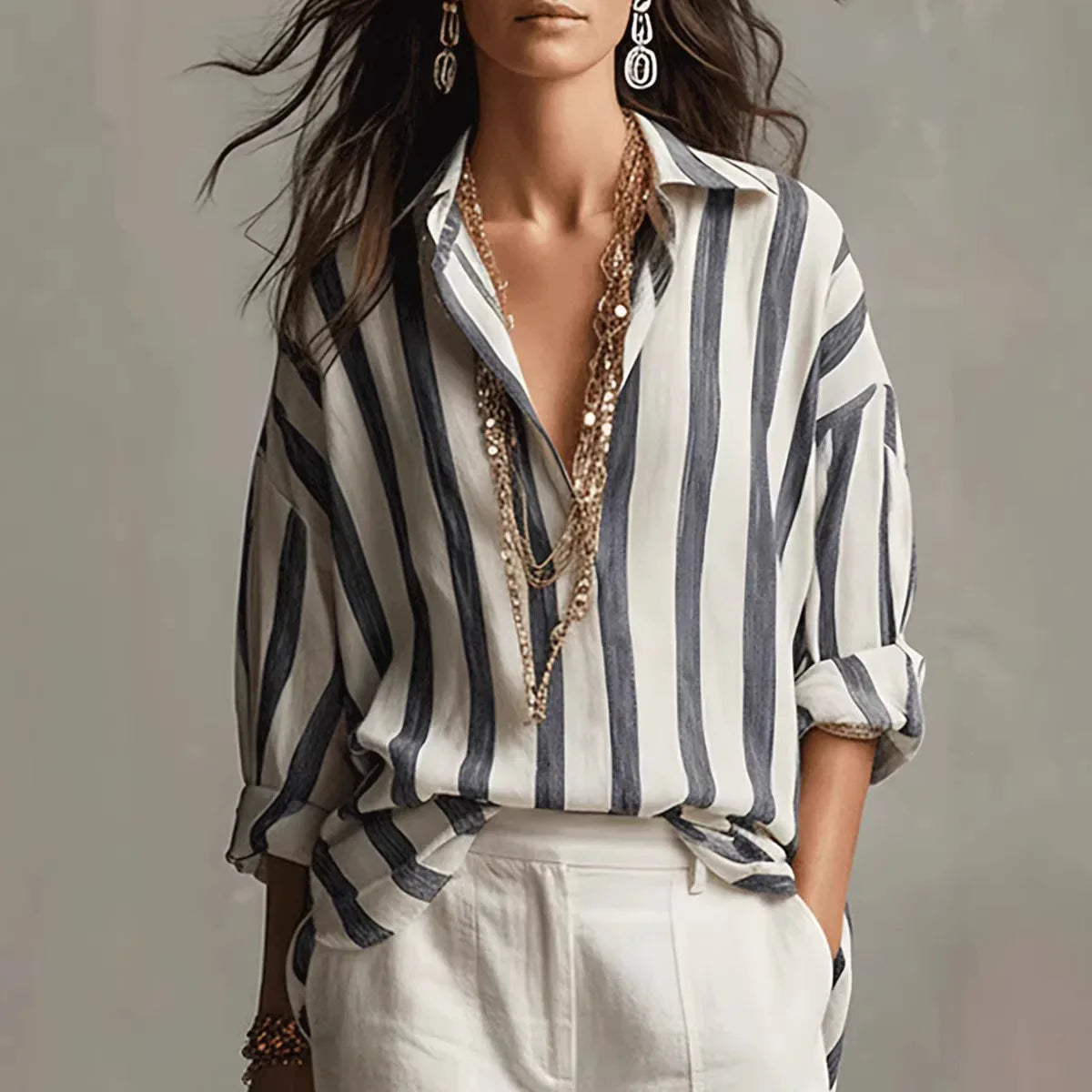 Streifen Bluse Damen | Oversize & V-Ausschnitt – Lässige Langarmbluse