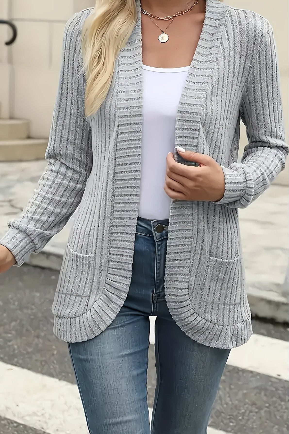 Strickjacke Damen lang | Offene Front & Taschen 4