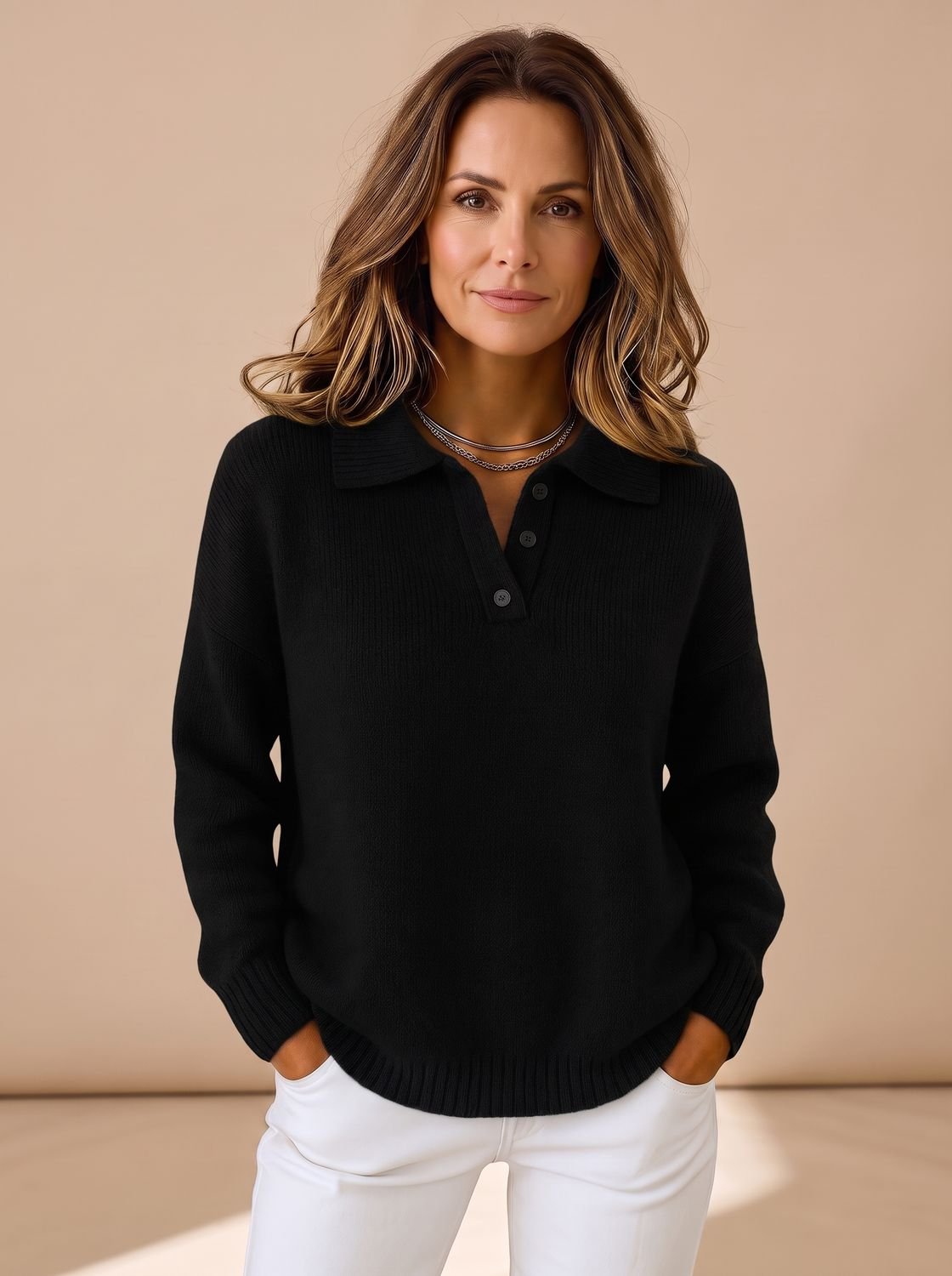 Strickpullover Damen | Polo-Kragen mit Knopfleiste
