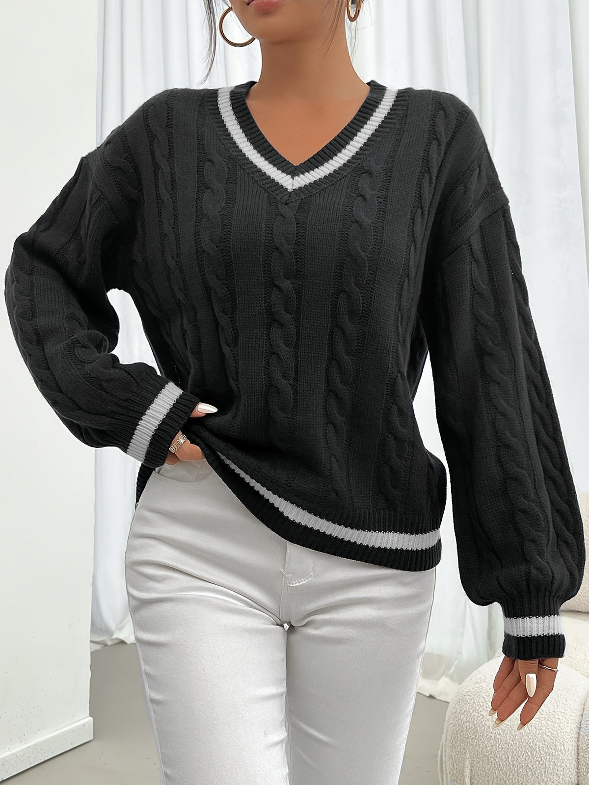 Strickpullover Damen | Zopfmuster & V-Ausschnitt