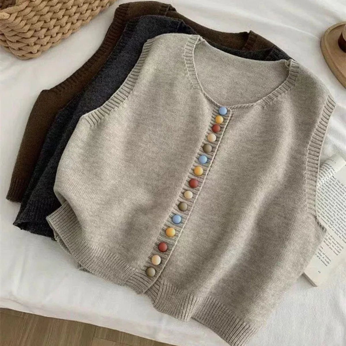 Damen Strickweste Ärmelloser Pullover Weste Bunte Knöpfe