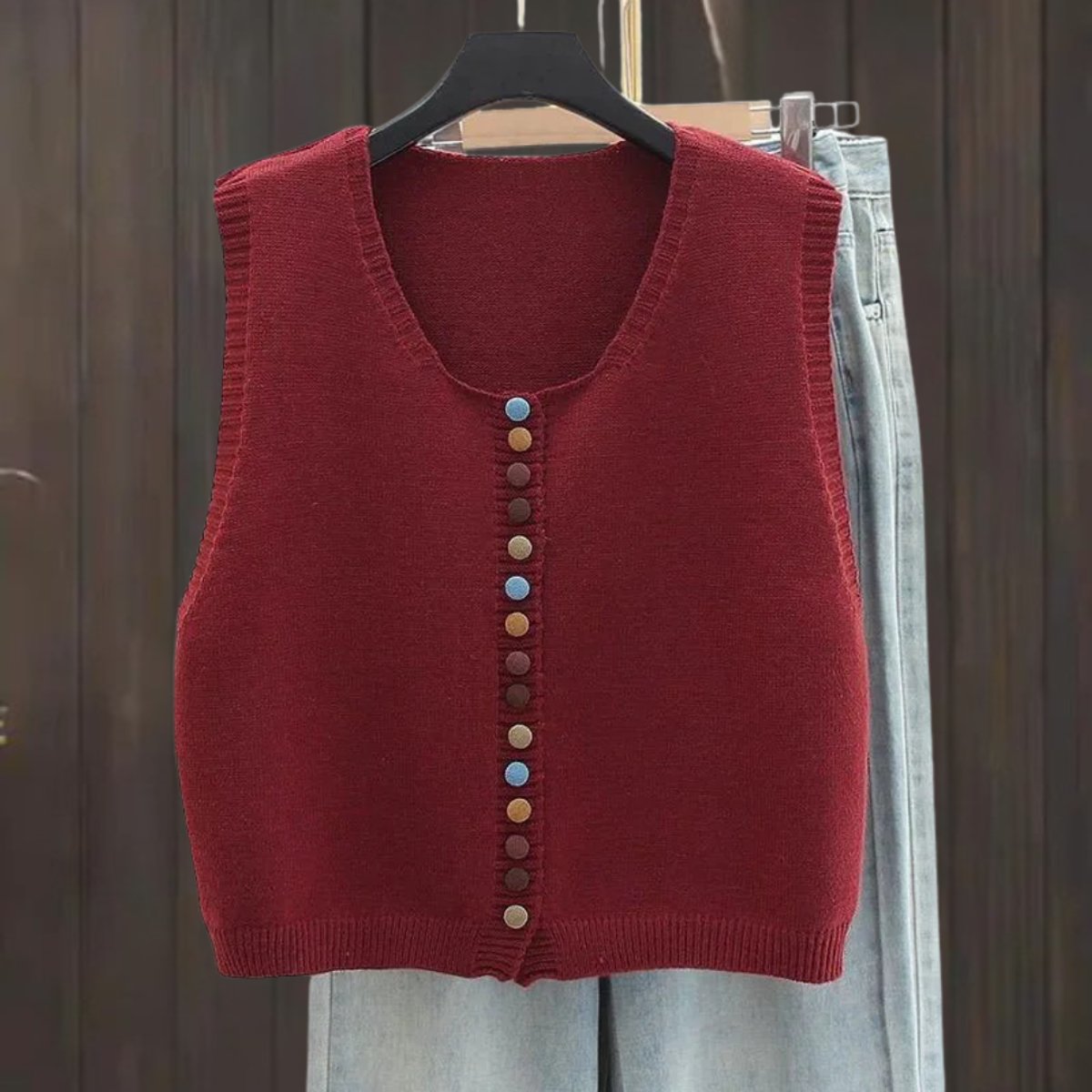 Damen Strickweste Ärmelloser Pullover Weste Bunte Knöpfe