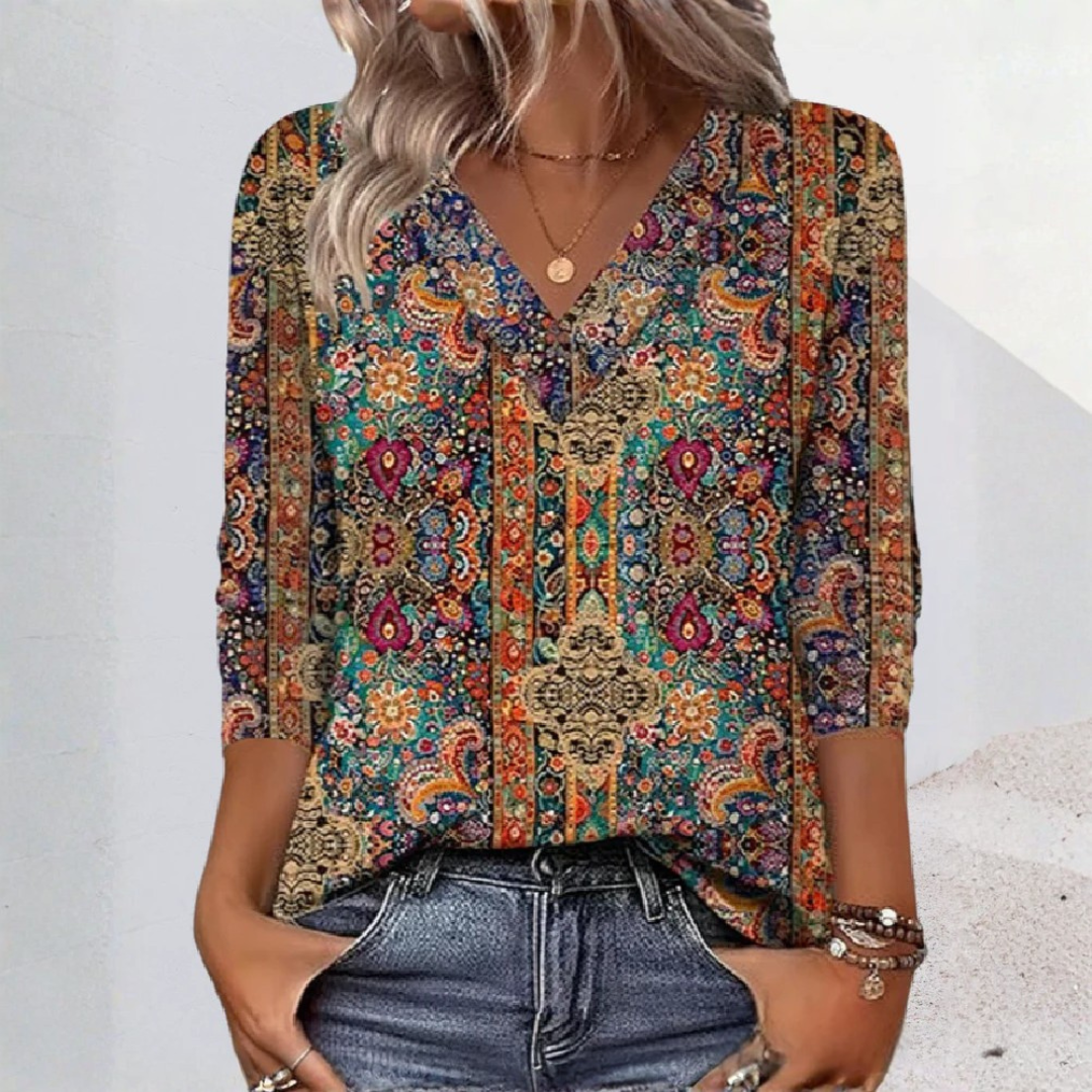 Top Damen | Boho Print & V-Ausschnitt