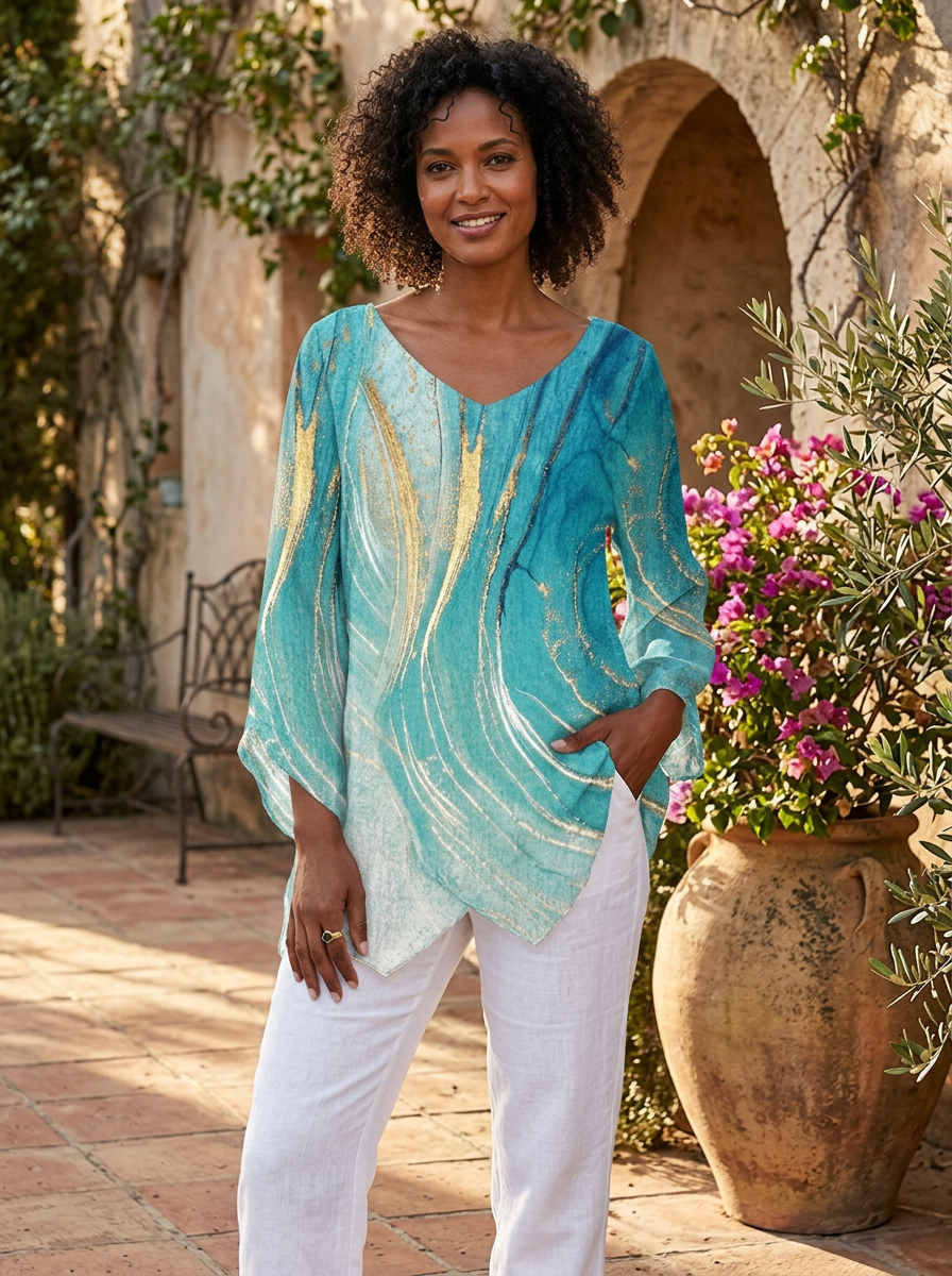 Top Damen | Marmor-Print & Asymmetrischer Saum
