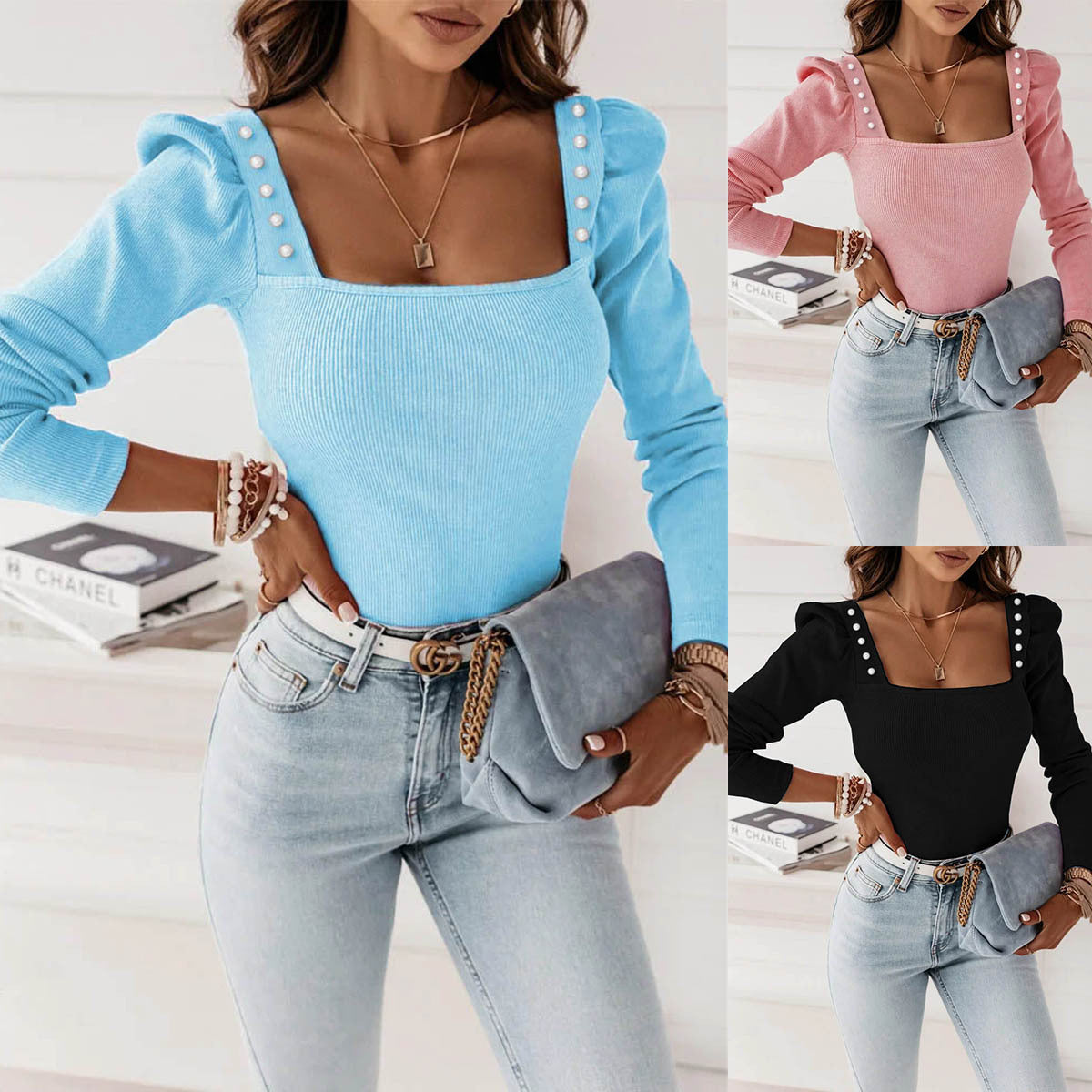 Top Damen | Square-Neck & Perlknöpfen mit Puffärmeln
