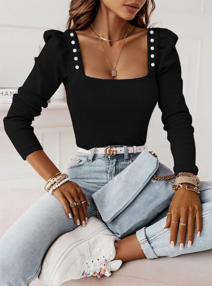 Top Damen | Square-Neck & Perlknöpfen mit Puffärmeln