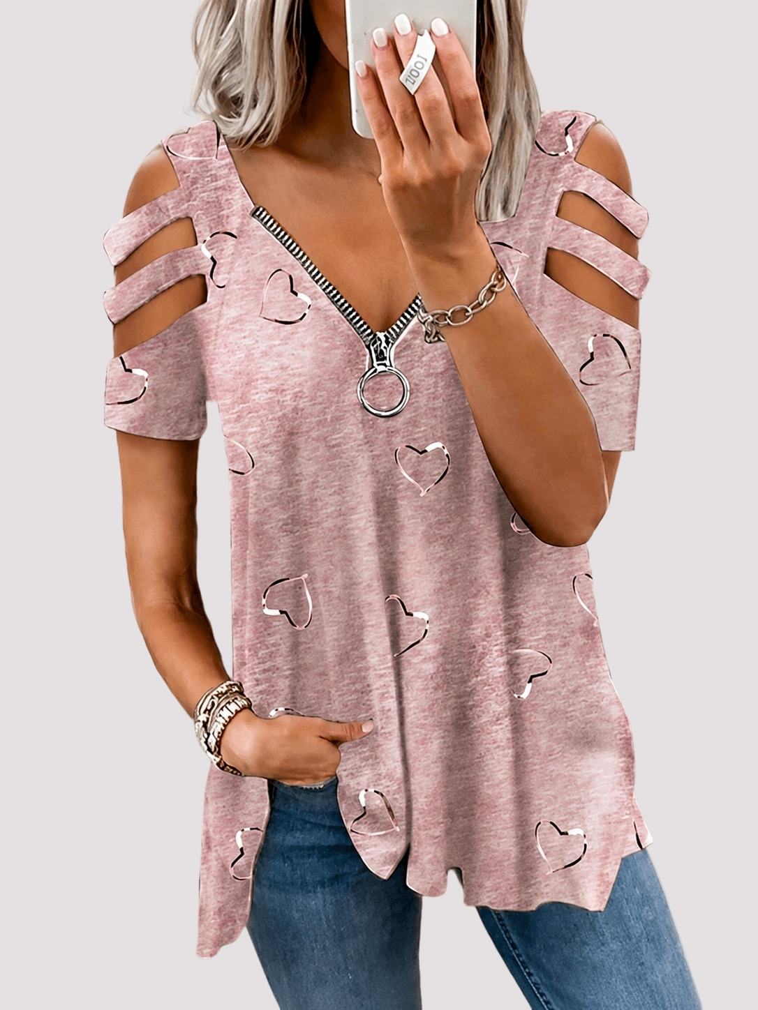 Top Damen mit Cut-Out-Ärmeln | Herzprint & Reißverschluss-Ausschnitt