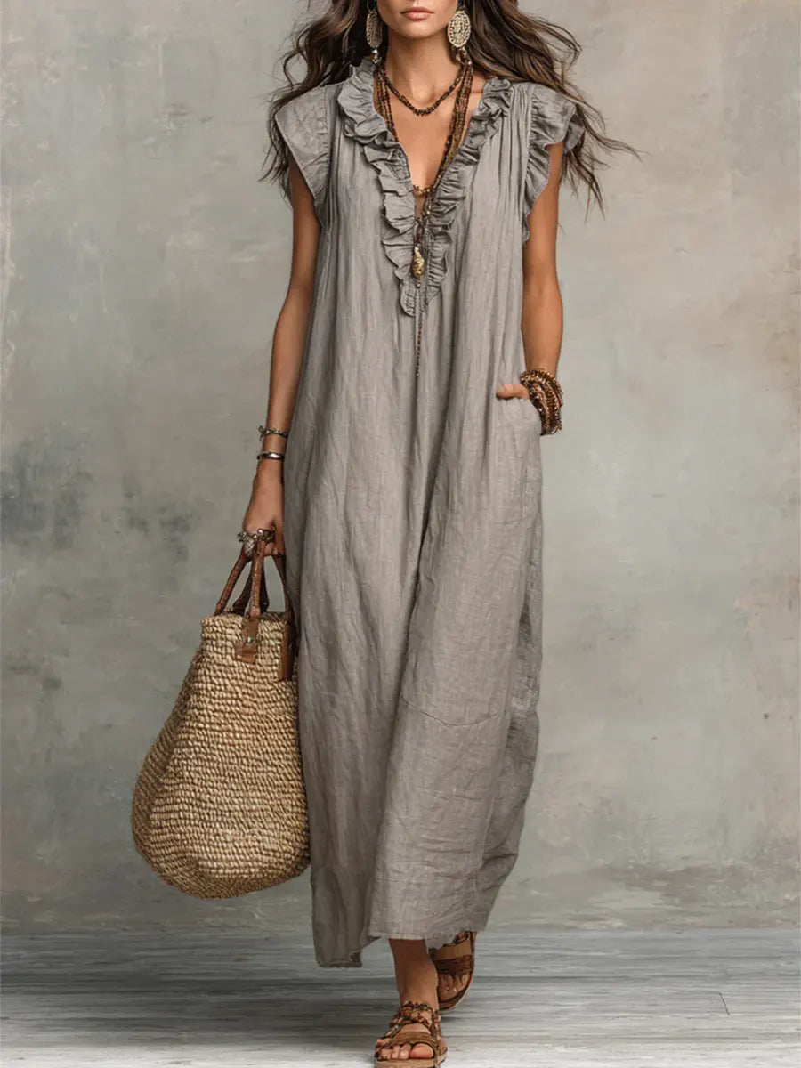 Uanavi - Langes Kleid Im Bohemian Stil Aus Leinen 0