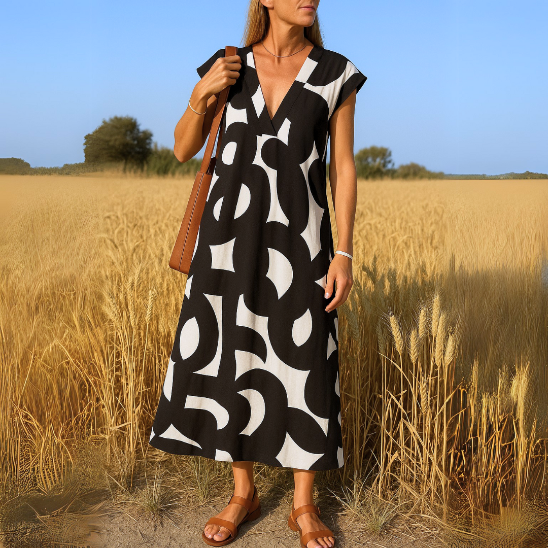 V Ausschnitt Kleid Damen | Grafischer Print & Femininer A-Linie-Schnitt