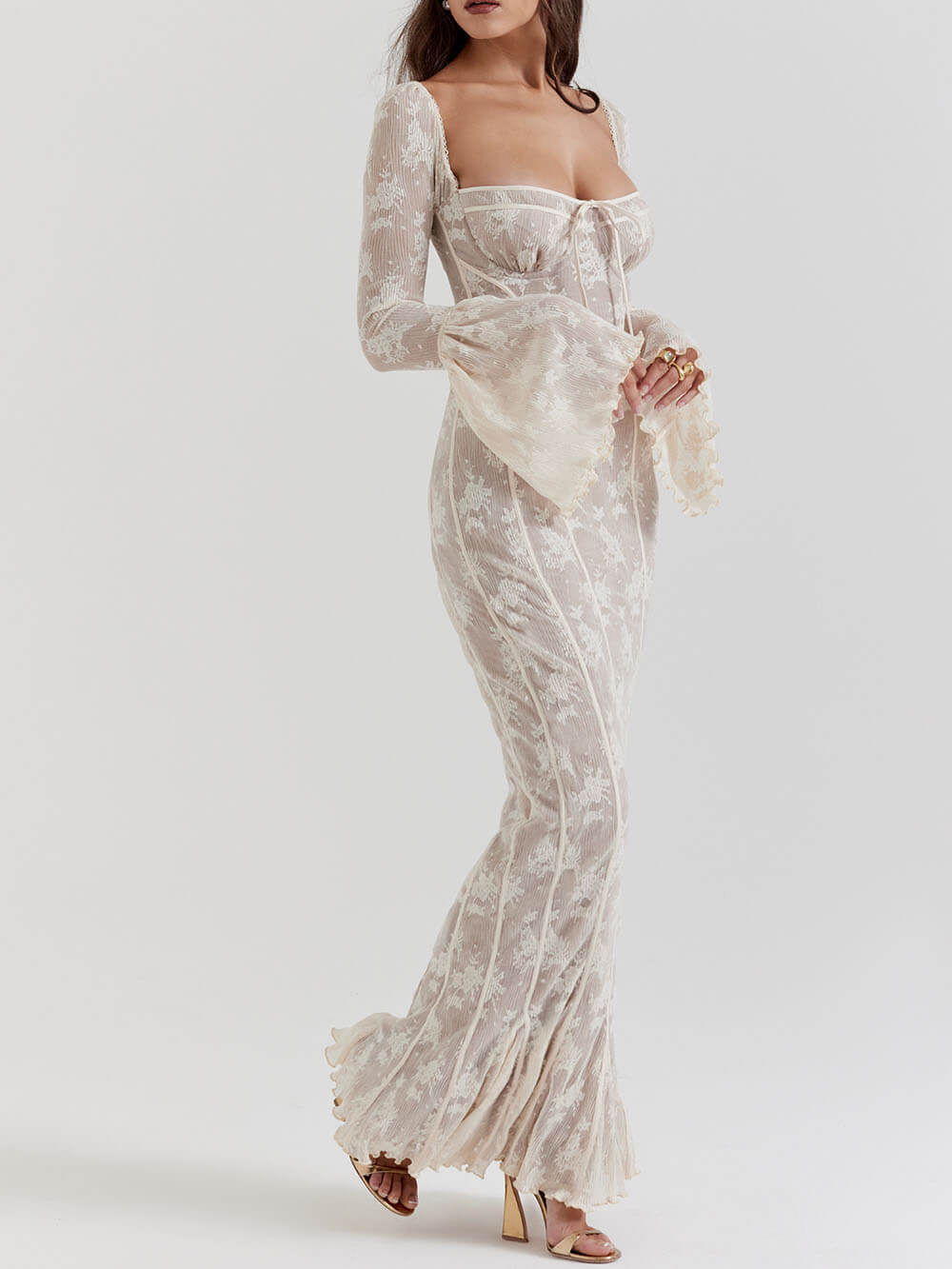 Vintage creme kanten maxi-jurk