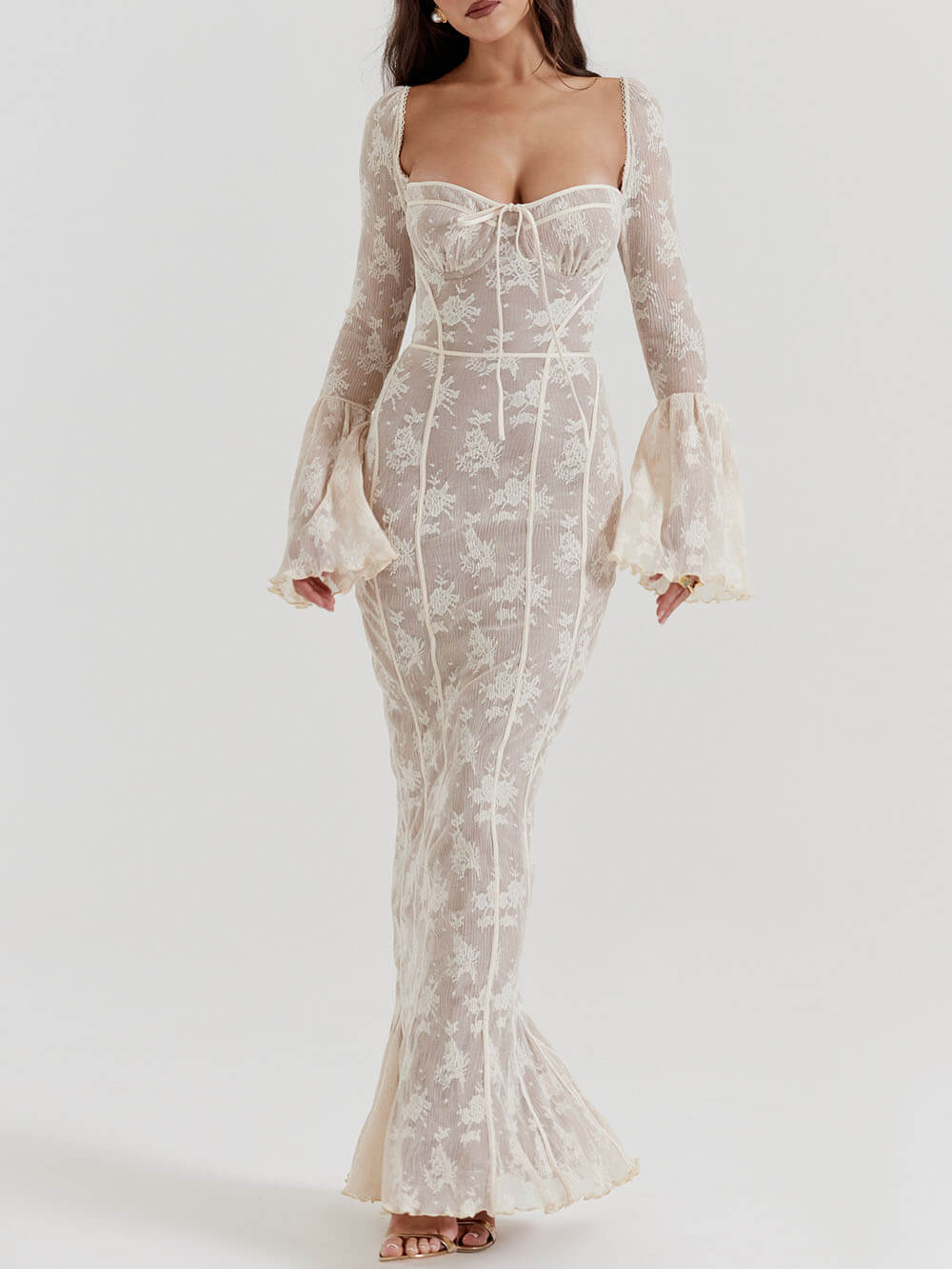 Vintage creme kanten maxi-jurk