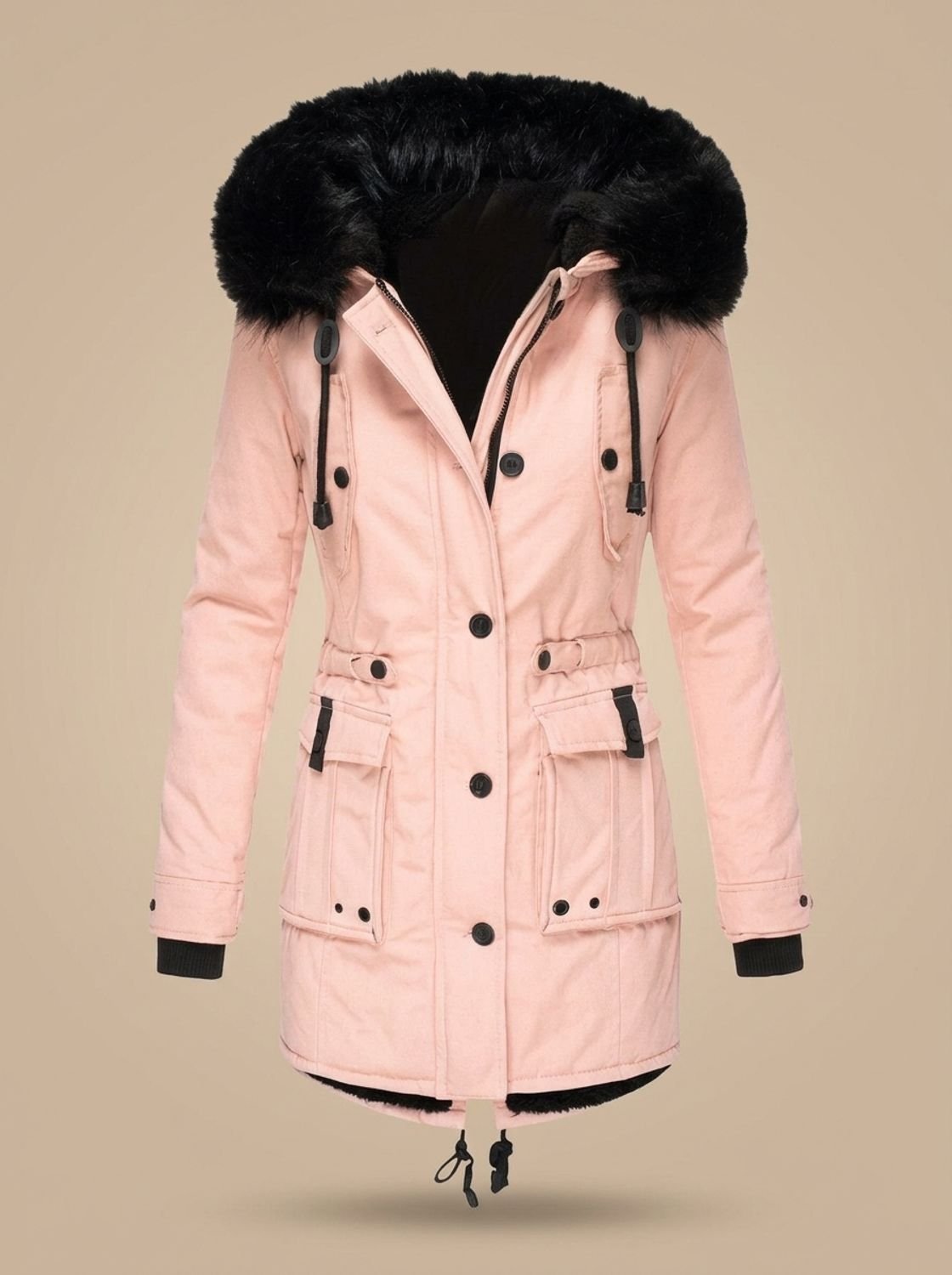Damen Winterparka mit Kunstfellkapuze Taillenzug Knöpfen - Rosa