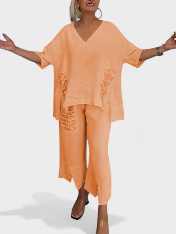 Zweiteiler Set Damen | Oversize-Top & Fransen-Detail