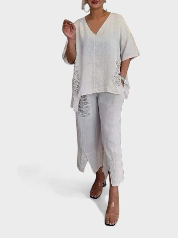 Zweiteiler Set Damen | Oversize-Top & Fransen-Detail