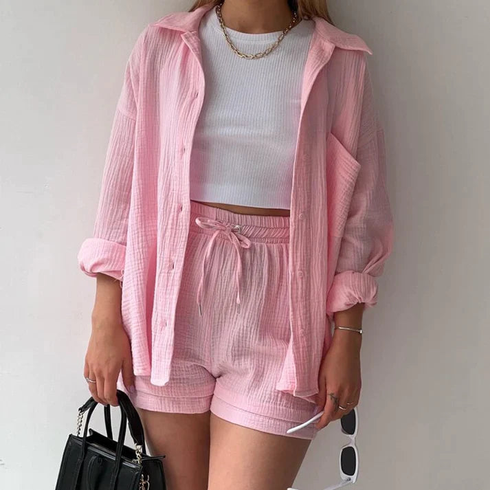 Zweiteiliges Set mit Plissee Damen | Oversized Hemd & Shorts mit Tunnelzug