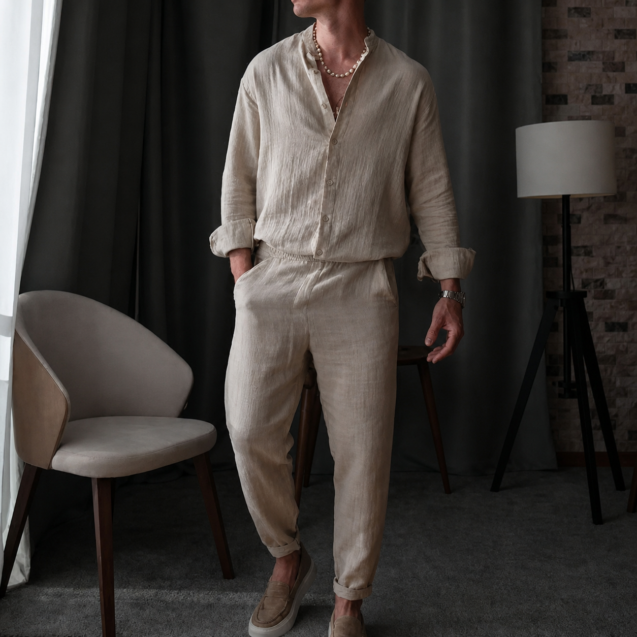 Zweiteiliges Sommeroutfit Herren | Freizeitanzug mit Stehkragen