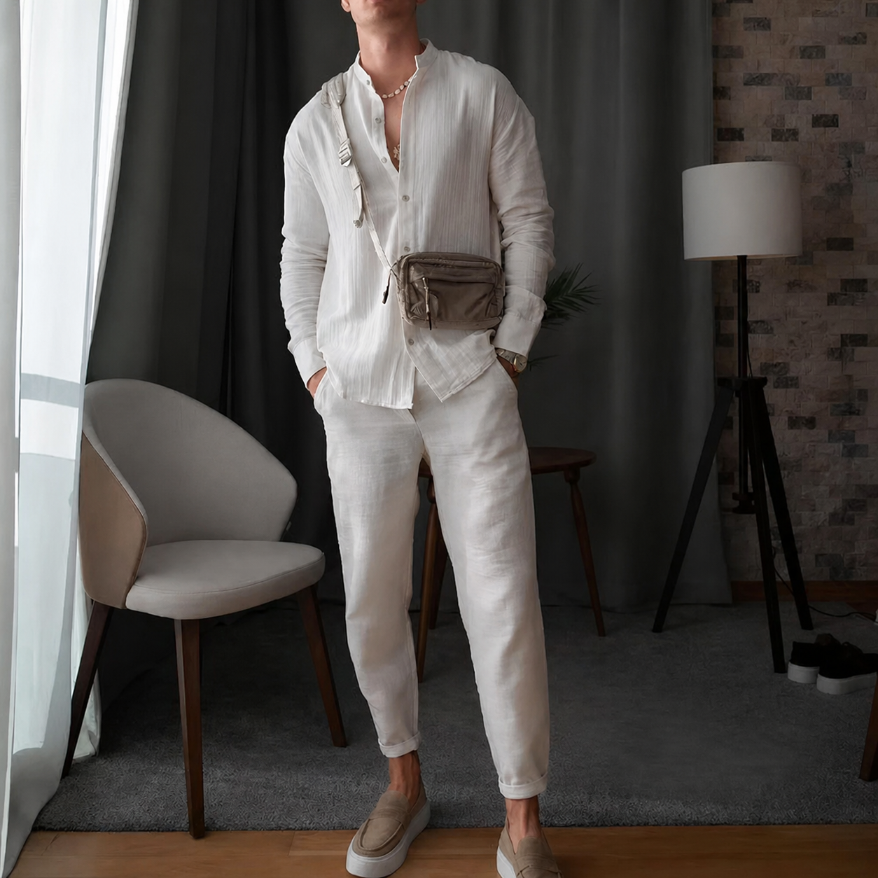 Zweiteiliges Sommeroutfit Herren | Freizeitanzug mit Stehkragen