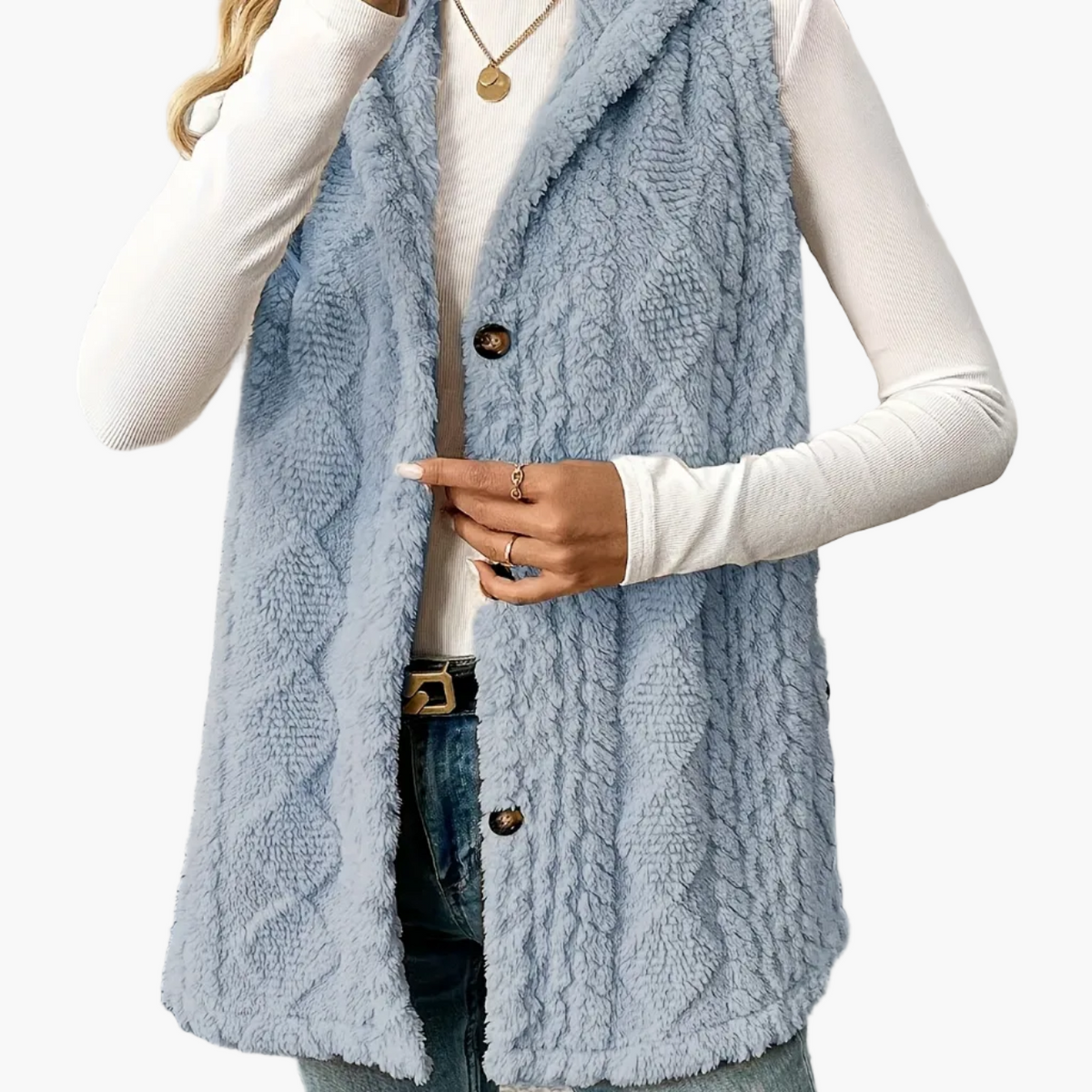 Strickweste Damen lang | Mit Kapuze & Knopfleiste 14