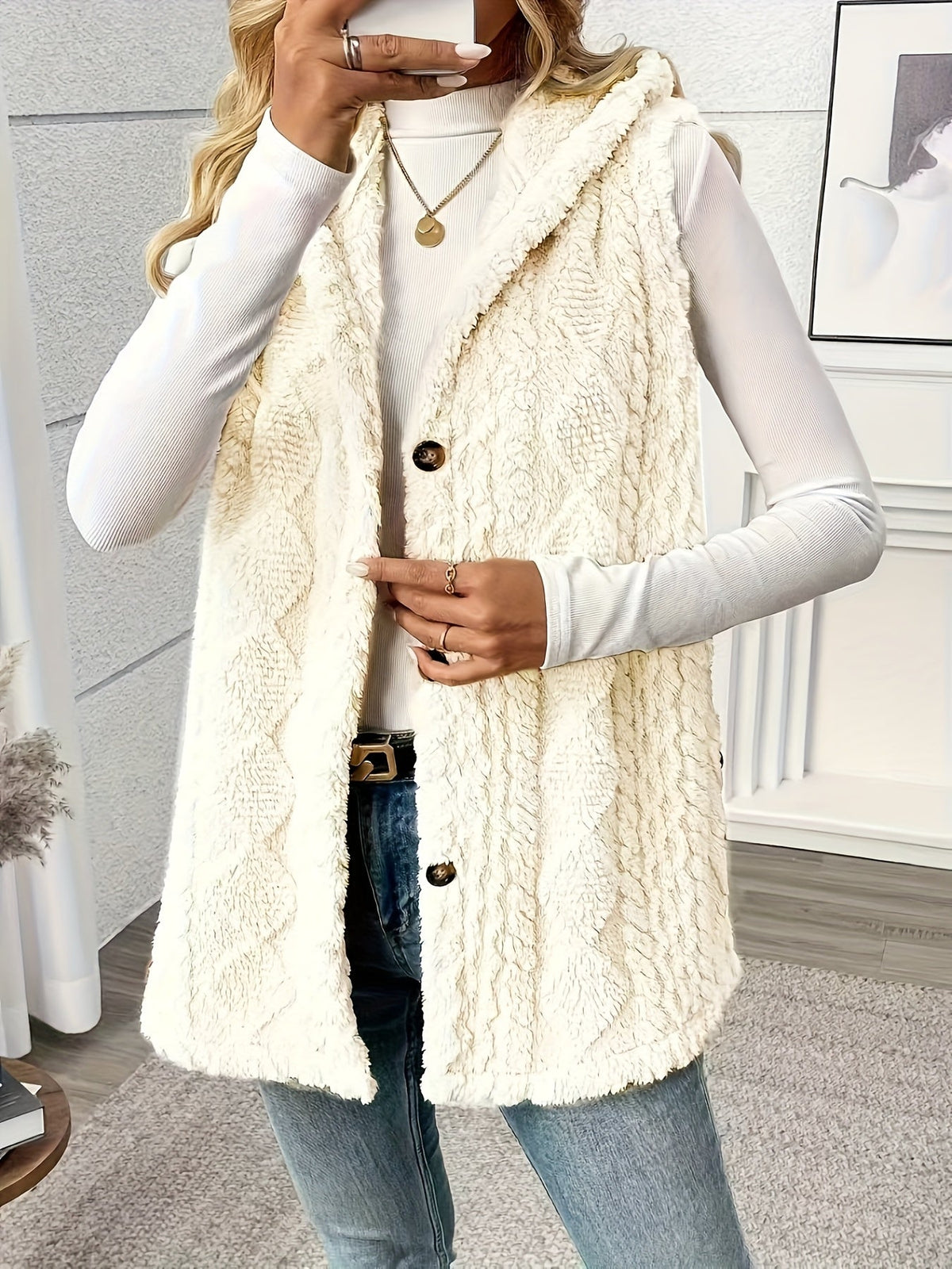 Strickweste Damen lang | Mit Kapuze & Knopfleiste 7
