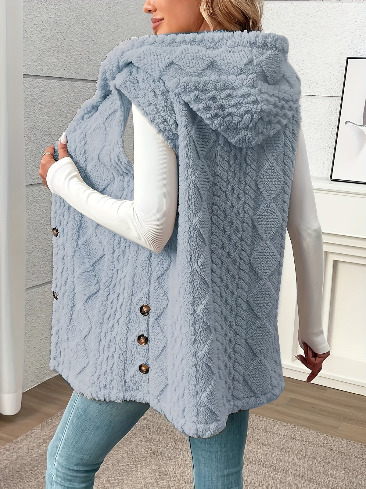 Strickweste Damen lang | Mit Kapuze & Knopfleiste 10