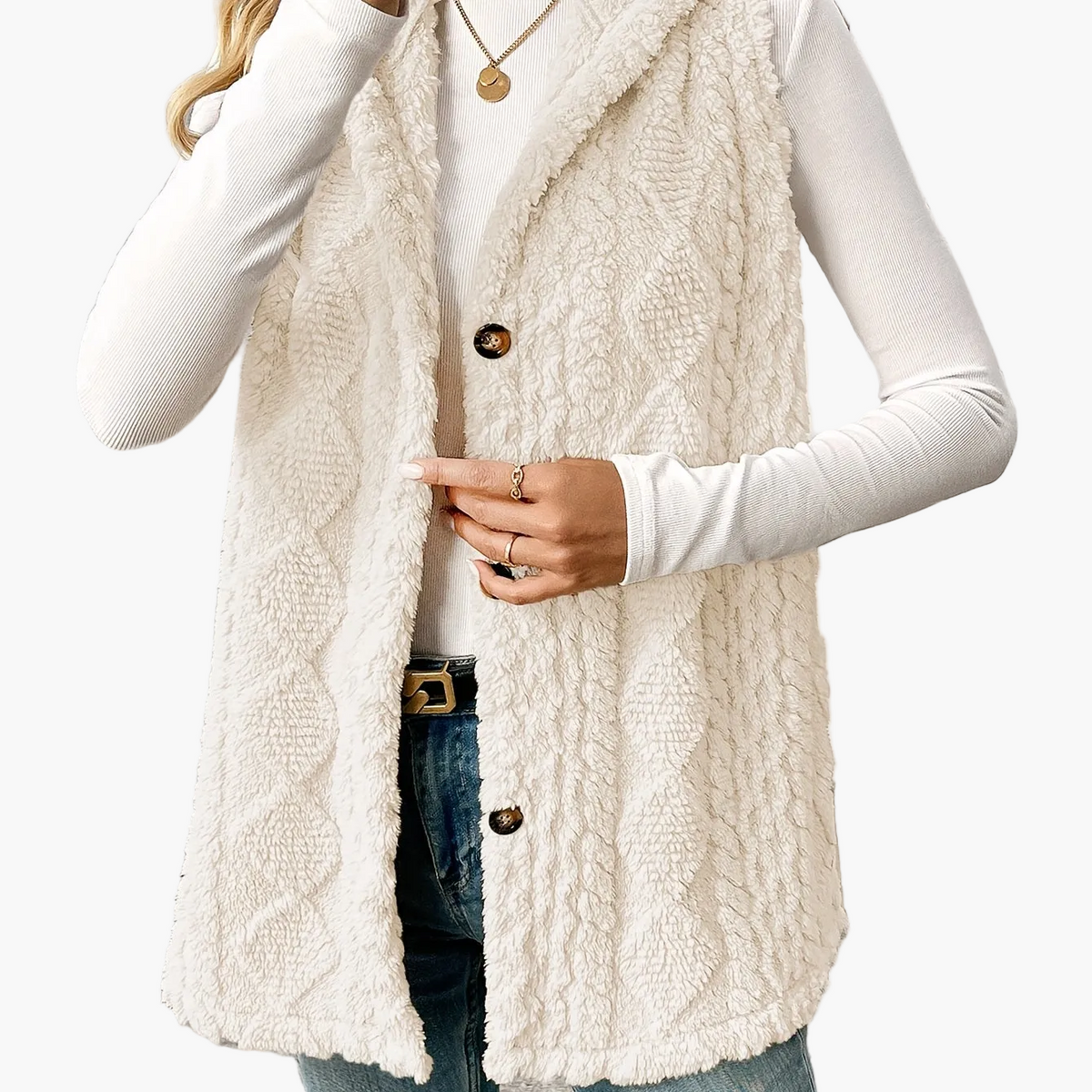 Strickweste Damen lang | Mit Kapuze & Knopfleiste 13