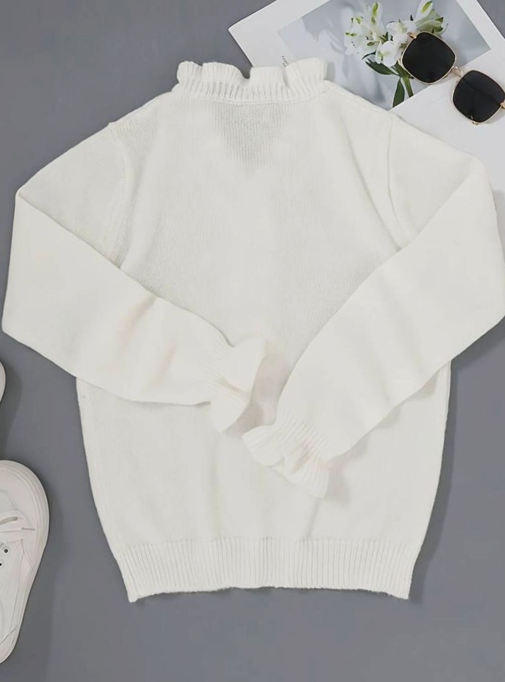 Pullover Damen | Rüschen V-Ausschnitt mit Perlknöpfen