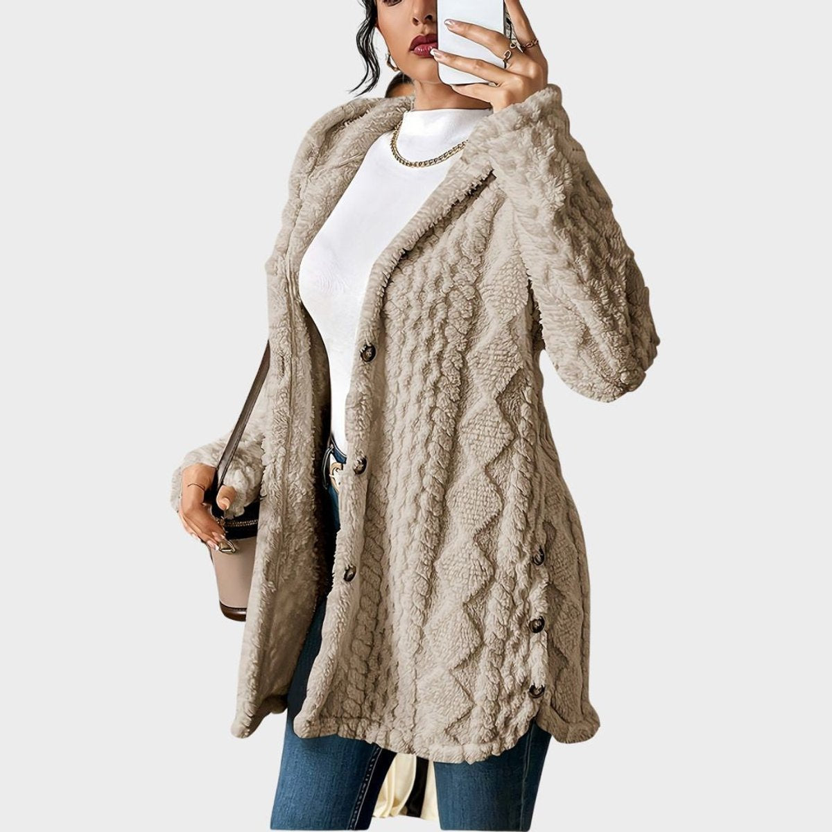 Damen Flauschiger Kapuzen-Cardigan Oversized Geknöpft
