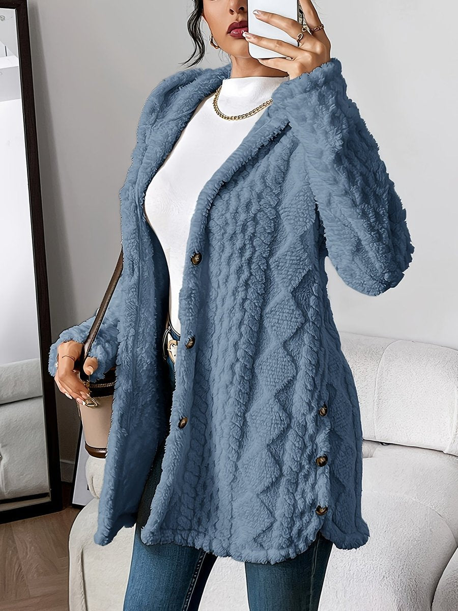 Damen Flauschiger Kapuzen-Cardigan Oversized Geknöpft - Denim Blue