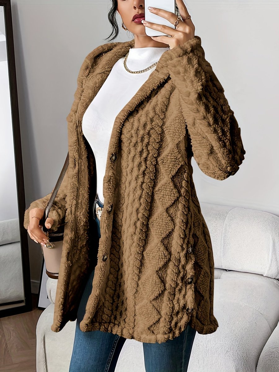Damen Flauschiger Kapuzen-Cardigan Oversized Geknöpft - Brown