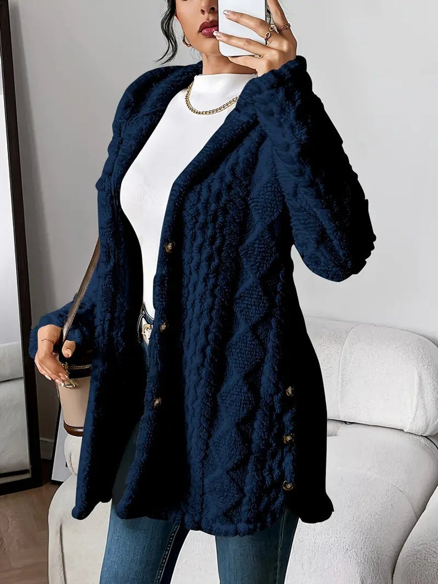 Damen Flauschiger Kapuzen-Cardigan Oversized Geknöpft - Navy Blue