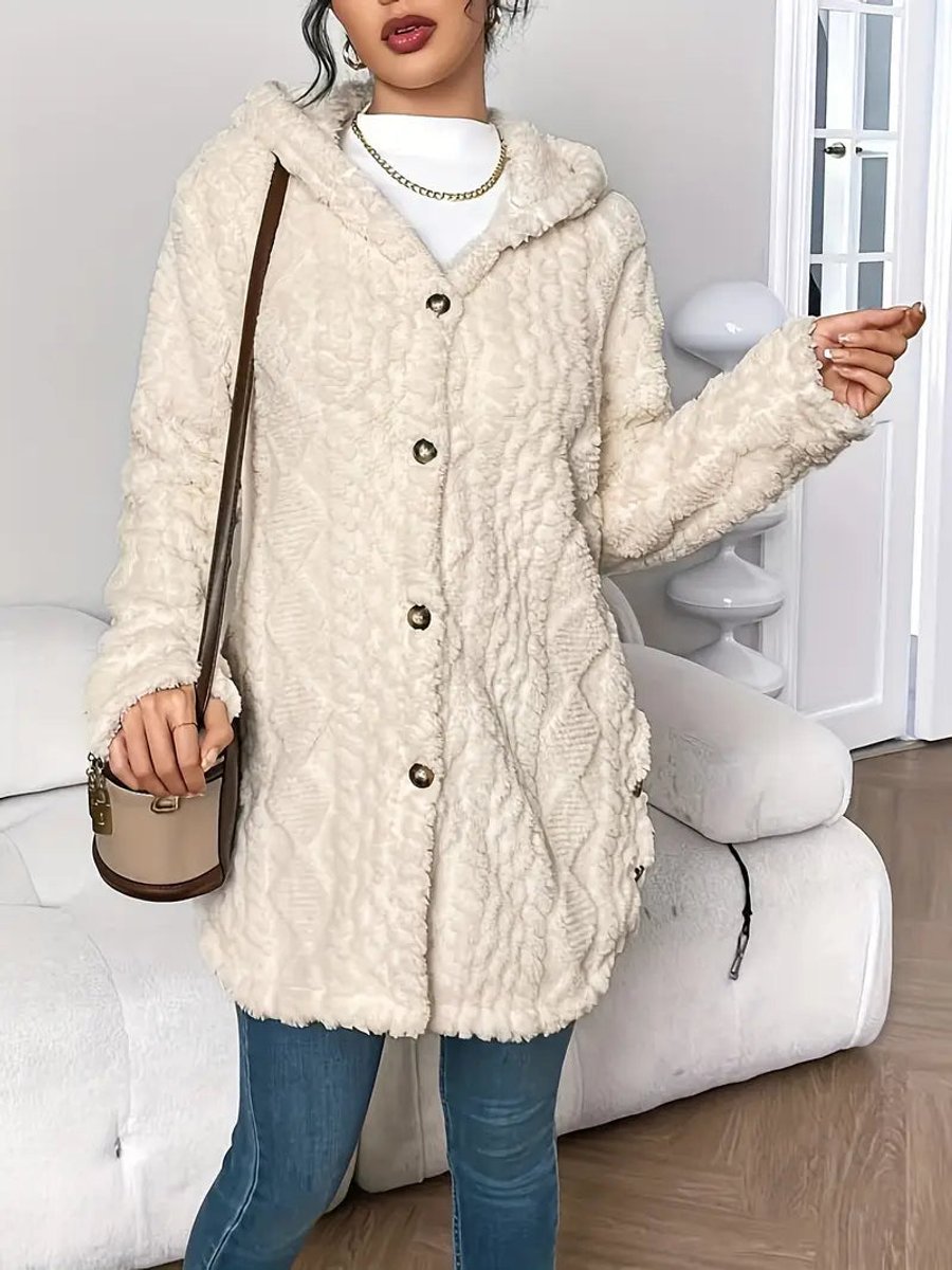Damen Flauschiger Kapuzen-Cardigan Oversized Geknöpft