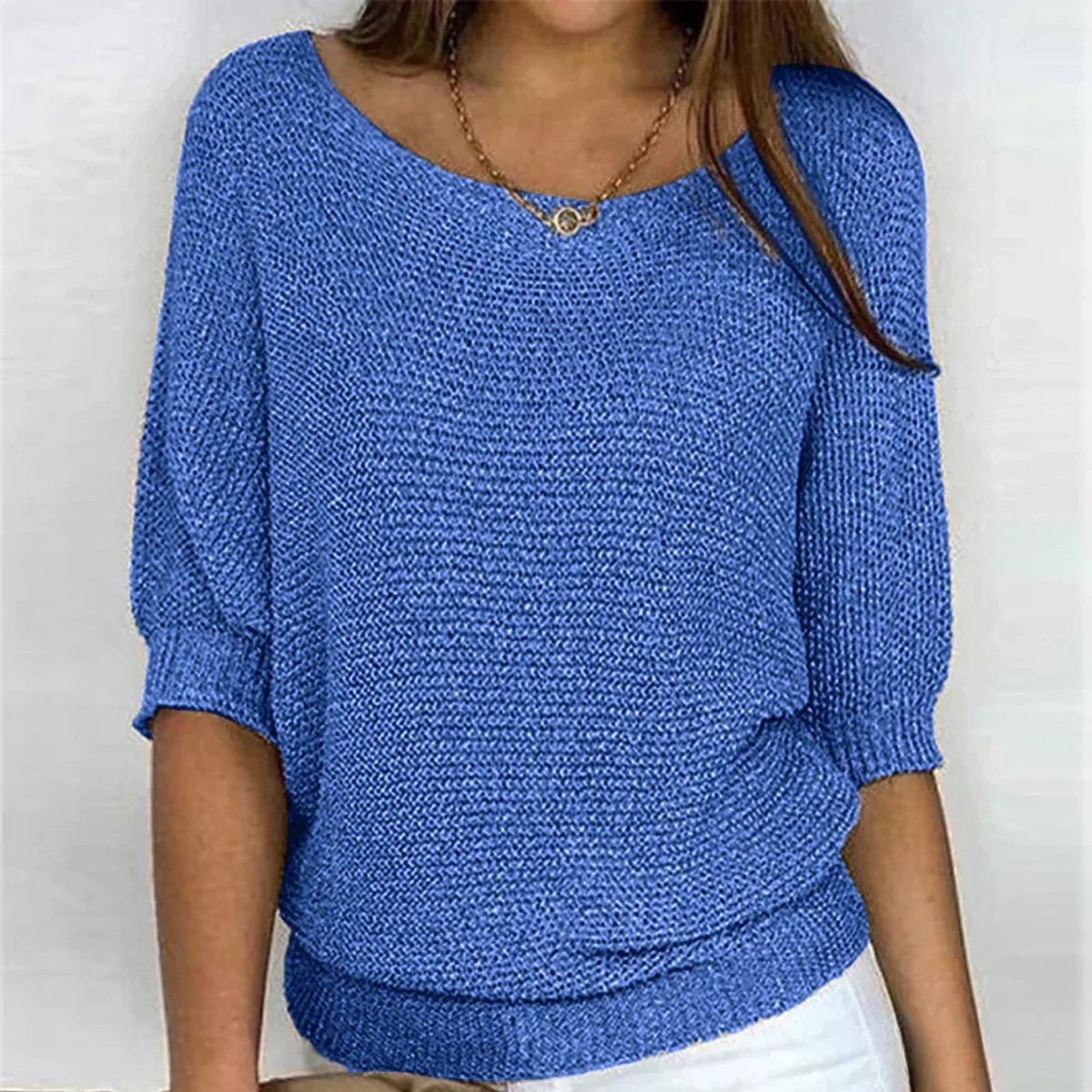 Damen Grobstrick-Pullover Rundhals Halbarm Lässiger Strickpullover - Blau