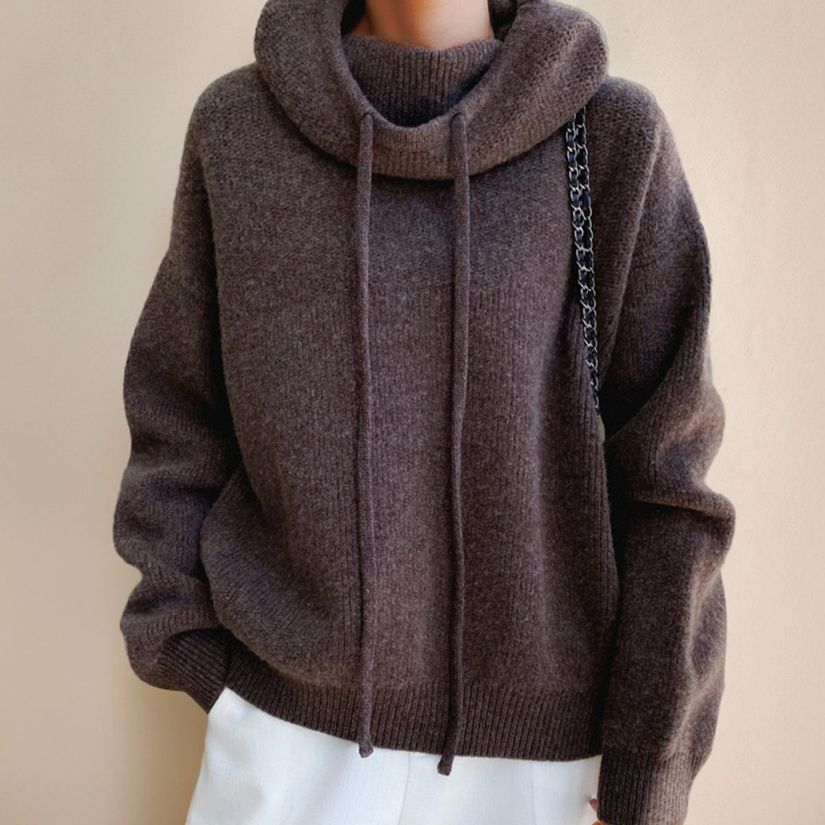 Damen Kapuzenpullover mit lockerem Schnitt Strick Hoodie - Braun