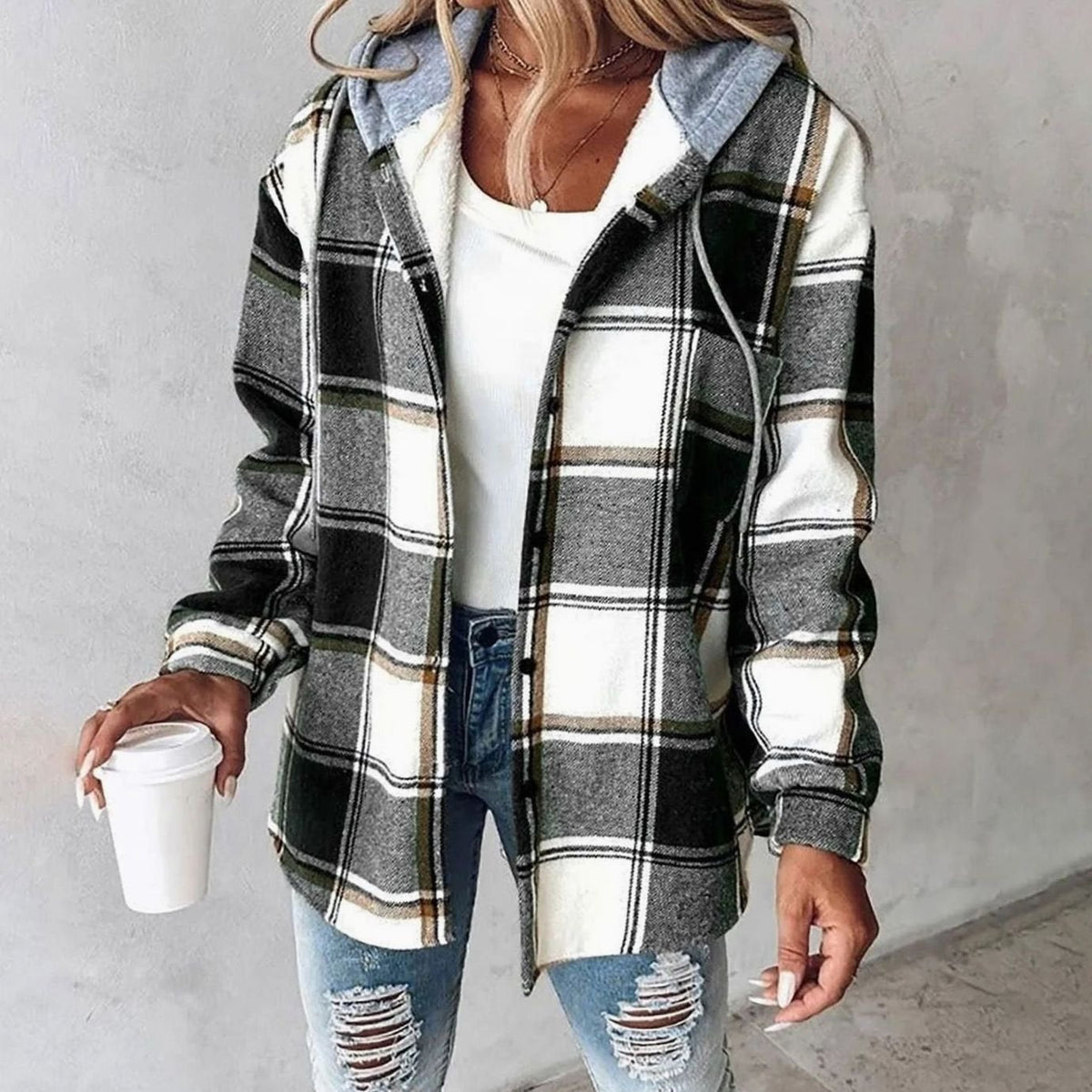 Damen Karo Hoodie Jacke mit Kapuze Lockere Passform Winterjacke - Schwarz