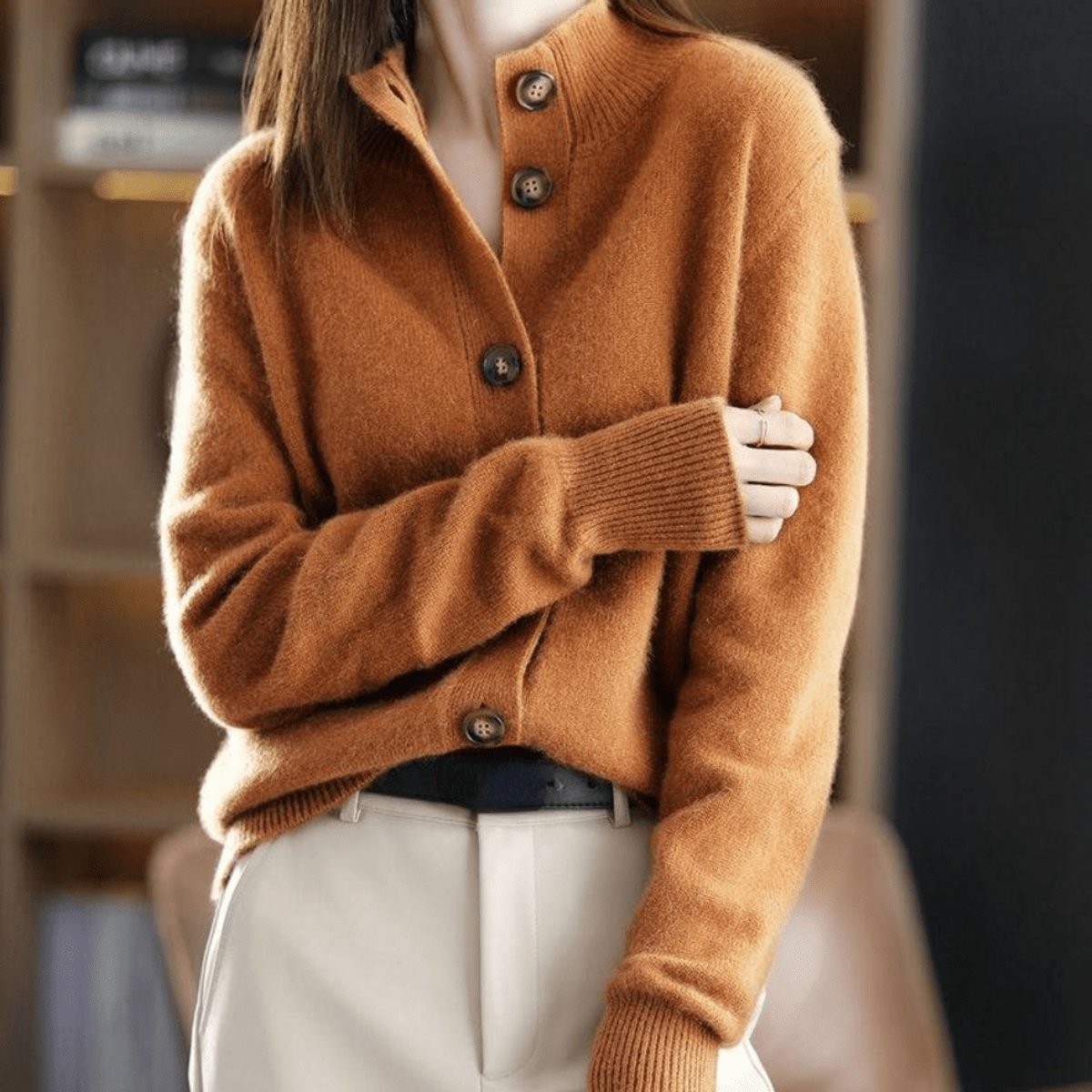 Damen Kaschmirmix Strick Cardigan mit Knopfleiste - Orange
