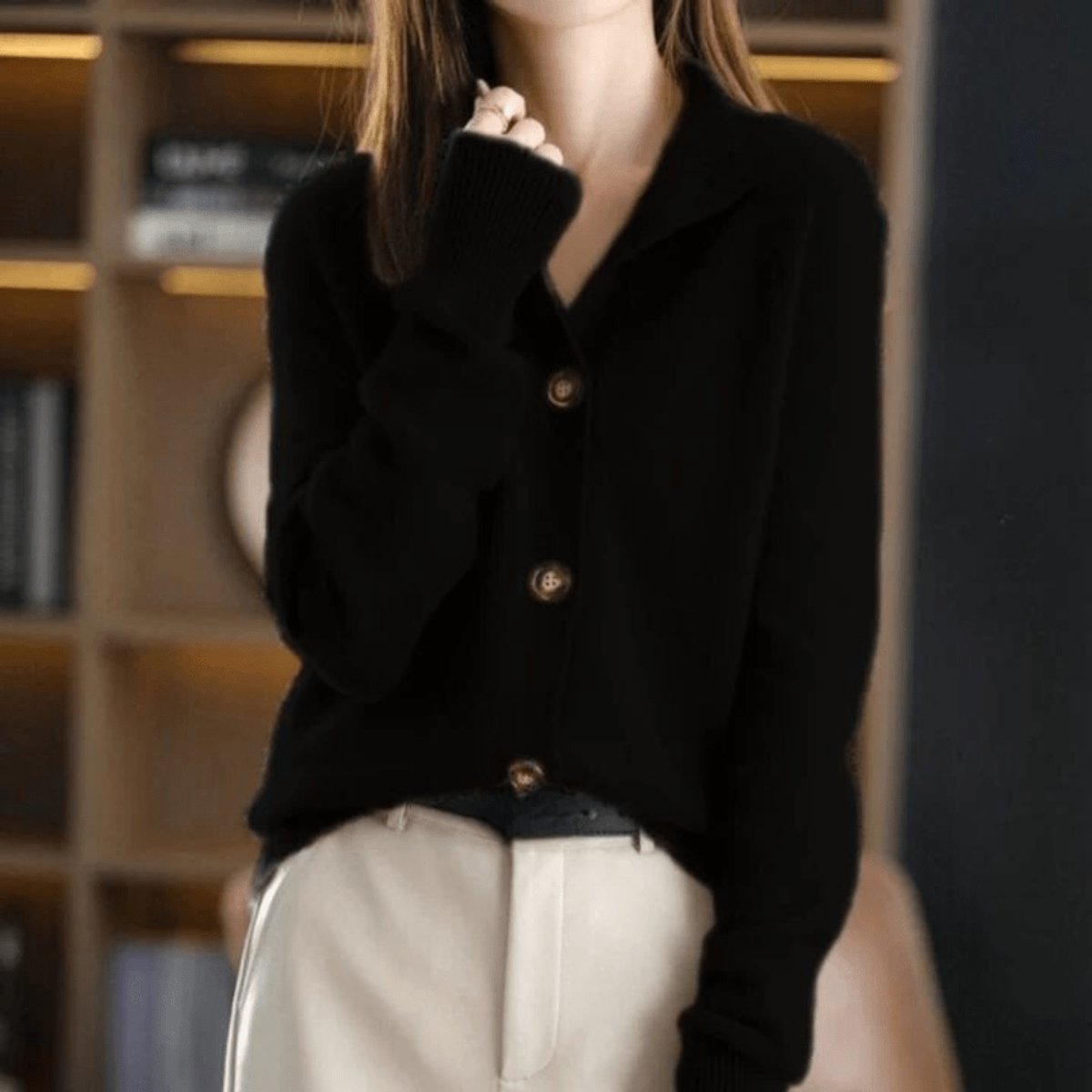 Damen Kaschmirmix Strick Cardigan mit Knopfleiste - Schwarz