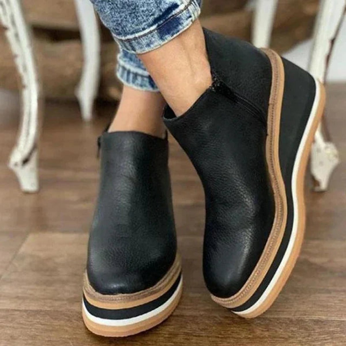 Damen Keilabsatz Ankle Boots mit Plateau und Reißverschluss - Schwarz