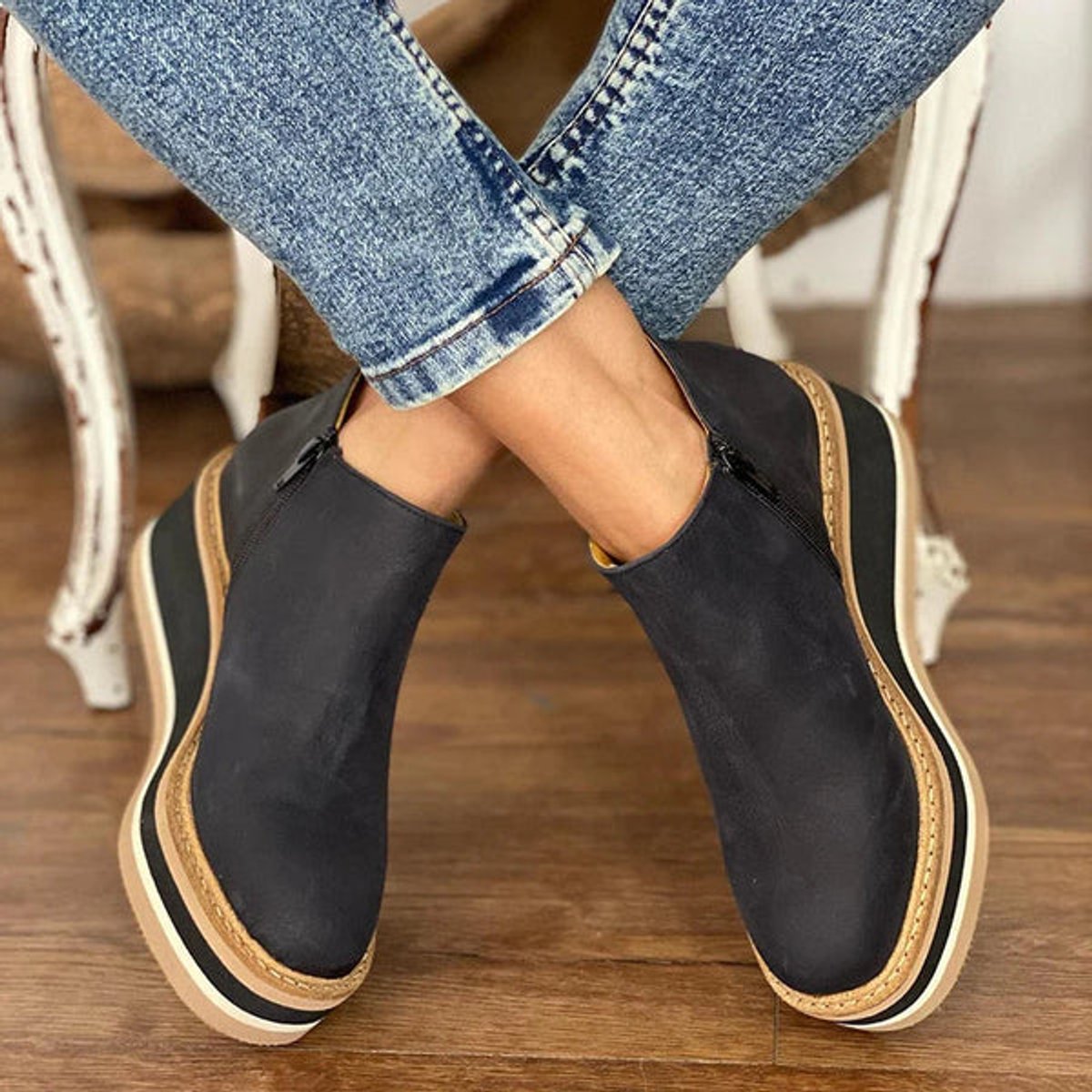 Damen Keilabsatz Ankle Boots mit Plateau und Reißverschluss