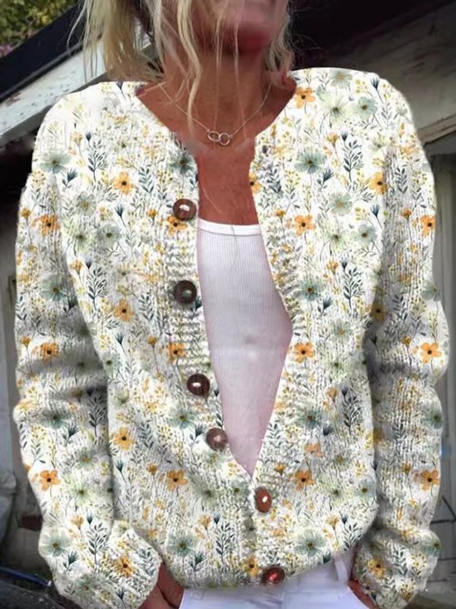 Damen Langarm Strick-Cardigan mit Blumenmuster - Stil 2