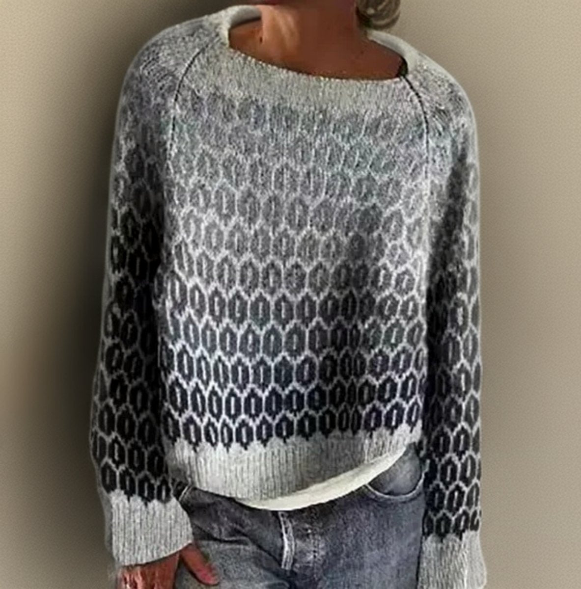 Damen Relaxed-Fit Rundhals Knit Sweater Isländisches Strickmuster - Grau