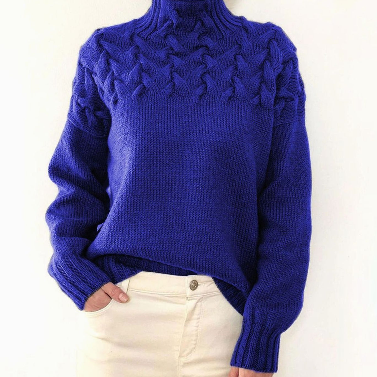 Damen Rollkragen-Strickpullover mit Zopfmuster Oversized - Blau
