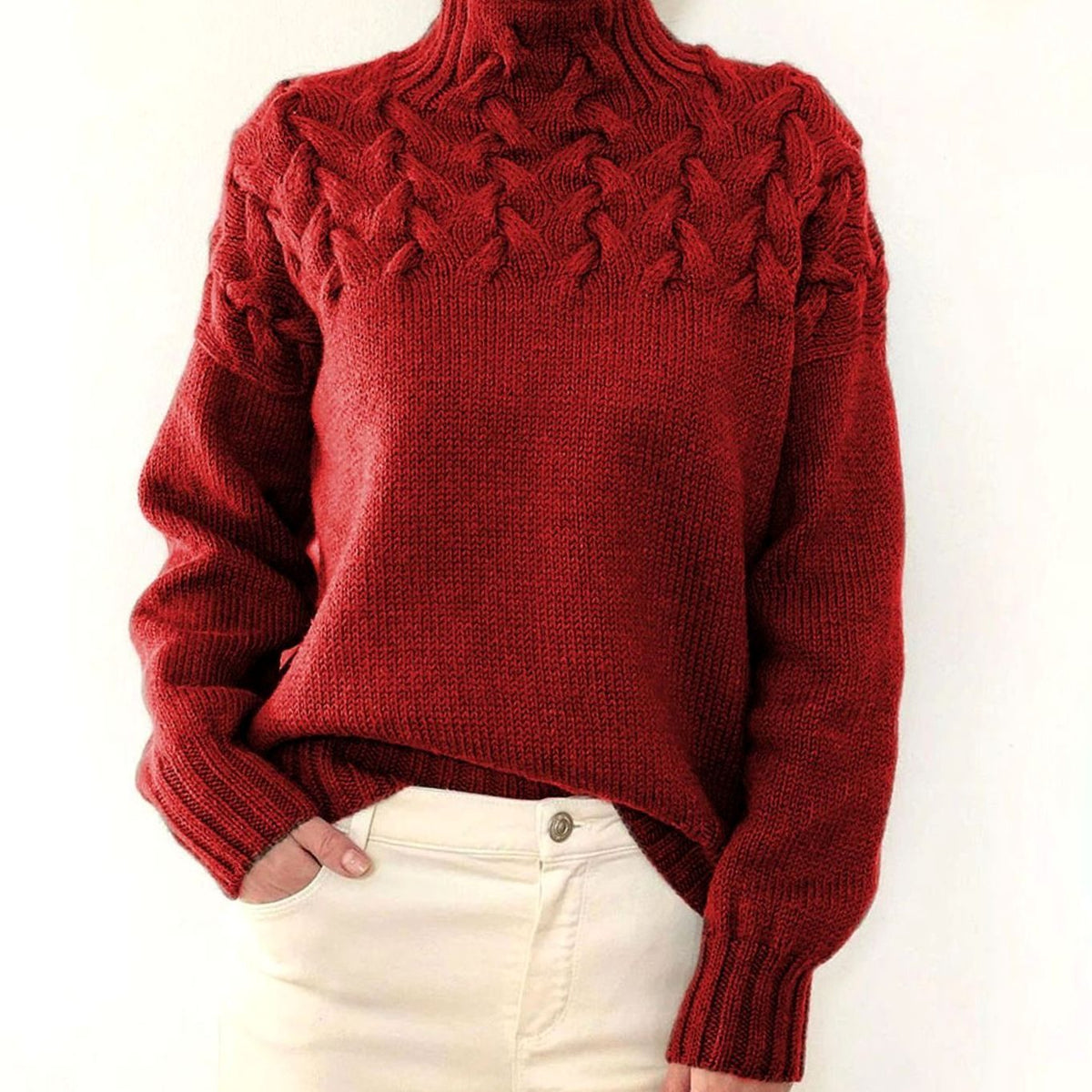 Damen Rollkragen-Strickpullover mit Zopfmuster Oversized - Rot